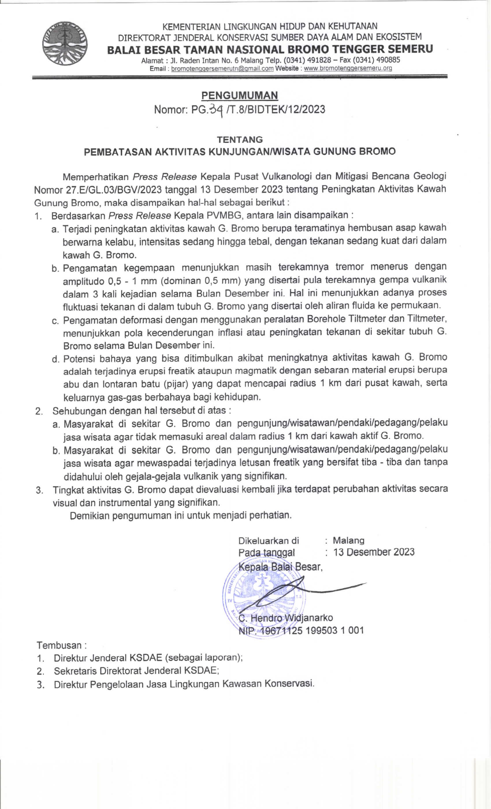 Press release tentang pembatasan aktivitas di Gunung Bromo